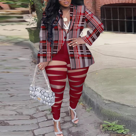 Red Patterned Blazer Set